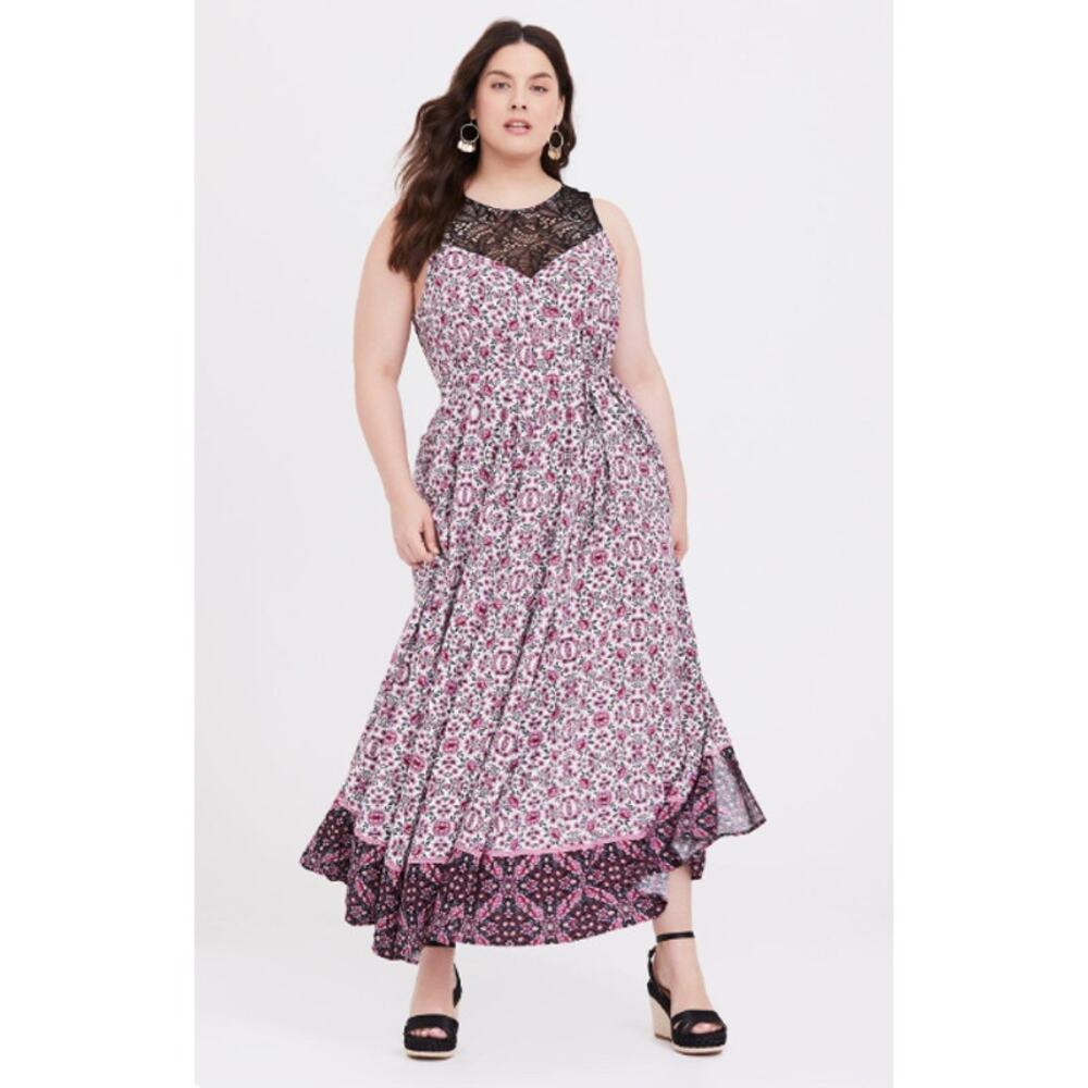 Torrid Pink Floral Mixed Print Lace Yoke Challis Maxi Rayon Dress, Size 00, NWT